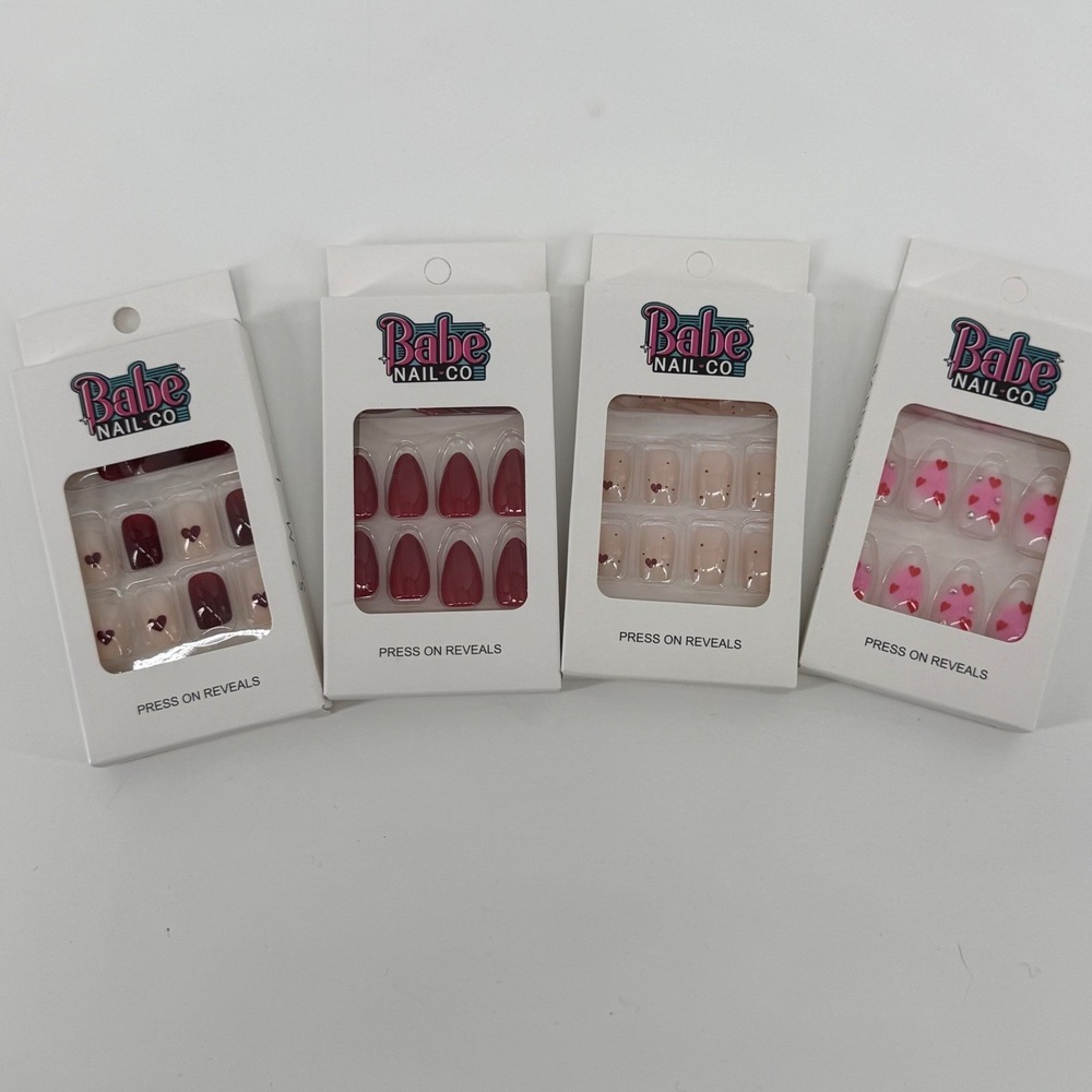 Babe Nail Co 4 pack Press On Valentines Nails Heart Design Red Pink Almond Shape